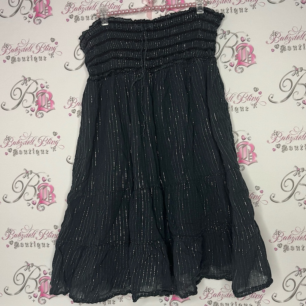 Skirt/dress sparkly thread stripes black silver waist tie up flowy maxi cute